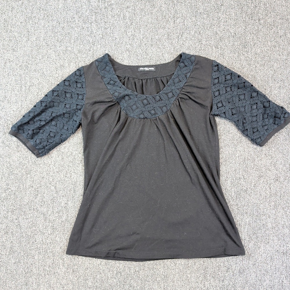 Cha Cha Vente Y2K‎ Crochet Lace Sleeve Blouse Small Black Romantic Coquette Top